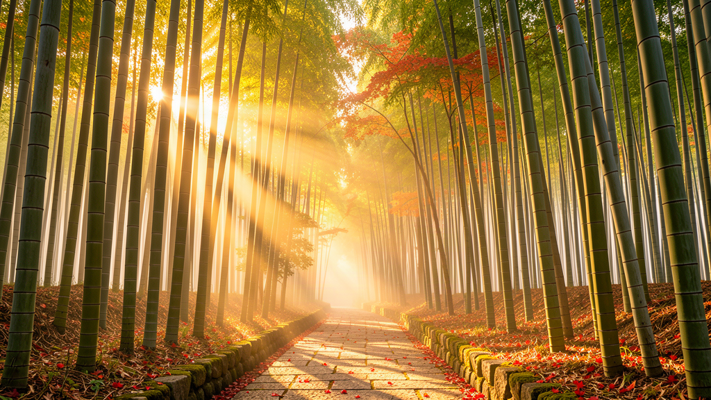 京都嵐山竹林清晨七點半的晨光穿過竹叢