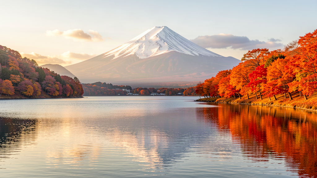 河口湖紅葉與富士山的晨間湖景