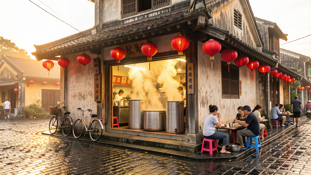 台南清晨六點牛肉湯店開鍋冒蒸氣的老街街景