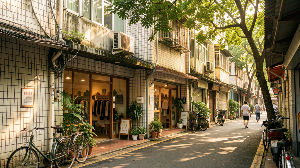 台北赤峰街小巷內的文青店鋪與老公寓街景
