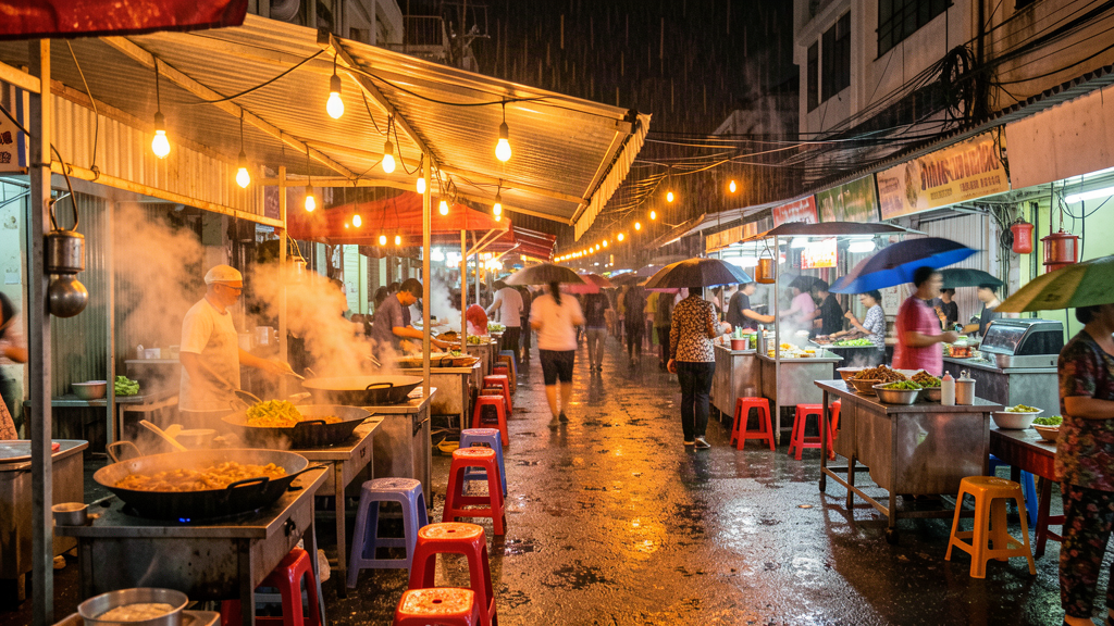 吉隆坡武吉免登雨夜大排檔小吃街燈泡與蒸氣