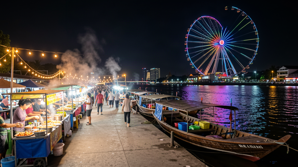 曼谷河畔夜市碼頭夜晚船班與摩天輪