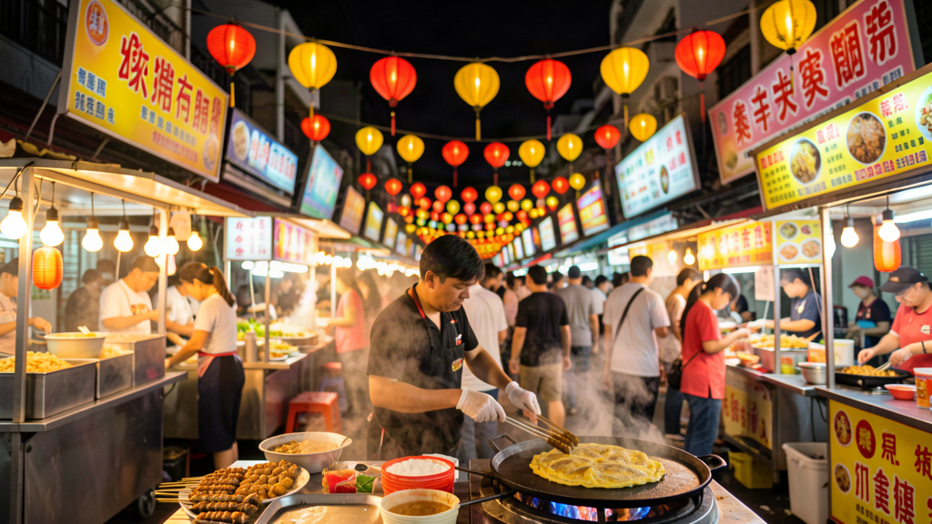 台南夜市攤位燈光與蚵仔煎鐵板冒蒸氣的夜景