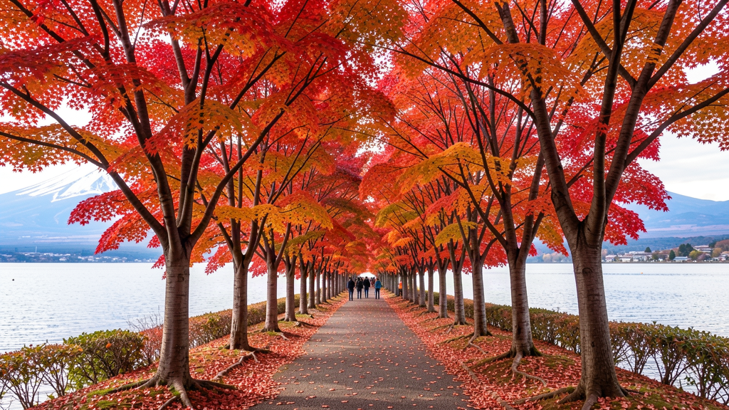 河口湖紅葉迴廊的楓樹隧道與遠方富士山
