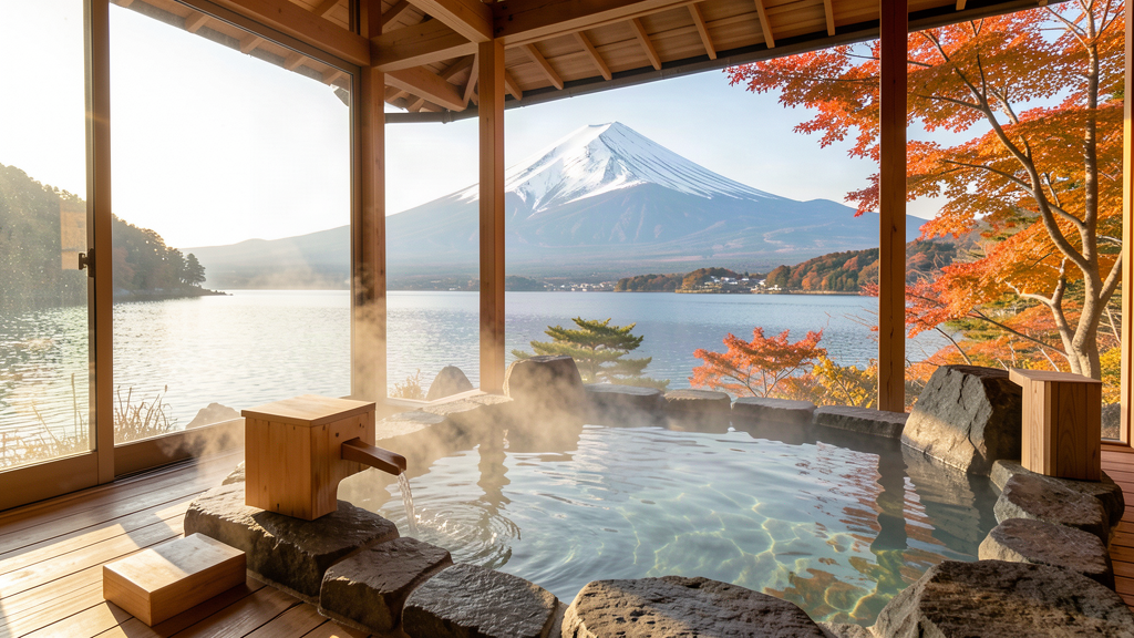 河口湖溫泉旅館露天風呂望向富士山與紅葉湖畔