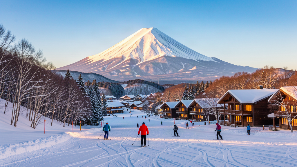 二世古滑雪場清晨雪景，粉雪坡道與遠處羊蹄山