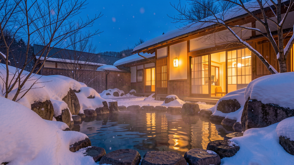 二世古溫泉旅館露天風呂，十二夜晚積雪與熱氣交錯