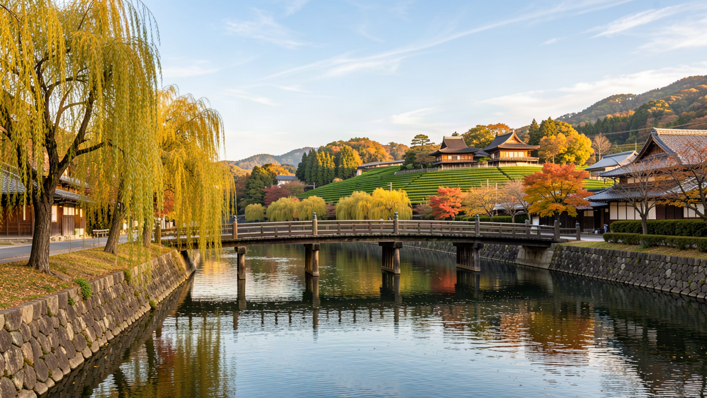 宇治川與宇治橋的秋日午後景色，遠方可見茶園與傳統茶屋