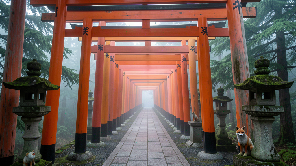 清晨七時的伏見稻荷大社千本鳥居，幾乎無人的朱紅鳥居隧道